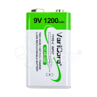 Аккумуляторные батарейки "Крона" 6LR61 VariCore Li-ion 9V 1200 mAh (перезаряжаемые, зарядка через Type-C)
