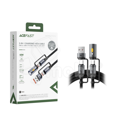 Кабель Type-C - 3 в 1 (Type-C+USB+LED подсветка) Acefast J5 (3A, 60W, оплетка нейлон, 1,2 м) Черный